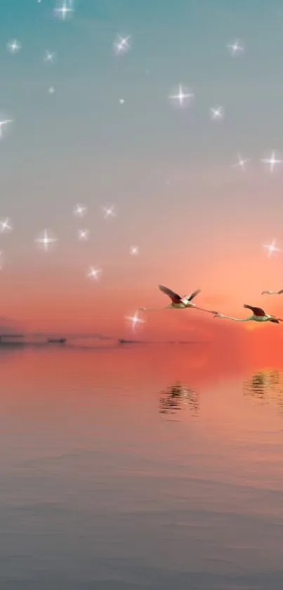 Serene sunset with birds flying and stars twinkling over calm waters.