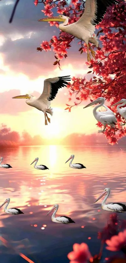 Pelicans glide over a tranquil lake at sunset surrounded by vibrant blossoms.