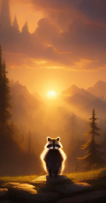 Raccoon at sunset with glowing sky over mountains in a serene forest landscape.