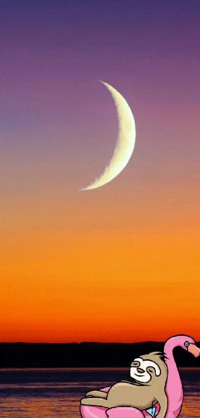 Cartoon sloth on flamingo float under crescent moon and sunset sky over ocean.
