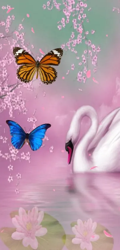 Serene swan with butterflies and cherry blossoms mobile wallpaper.