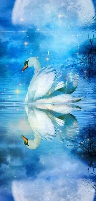 Swan on a tranquil moonlit lake with a serene and calming atmosphere.