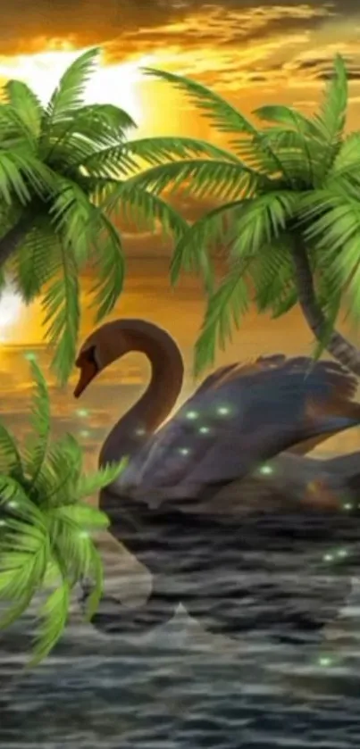 Swan swimming under palm trees at sunset with golden sky.