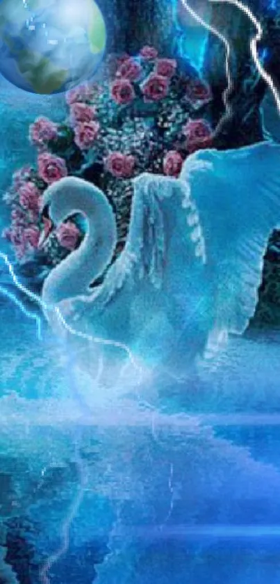 Majestic swan with lightning and roses in blue waters.