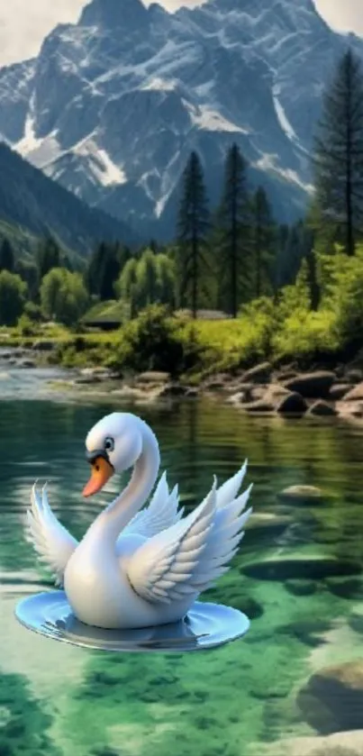 Swan on a mountain lake with scenic view.
