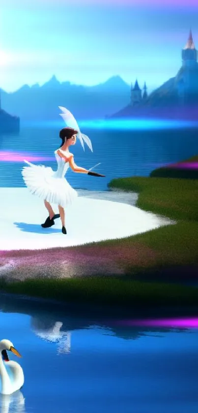 Ballerina by a lake with a swan in fantasy landscape.