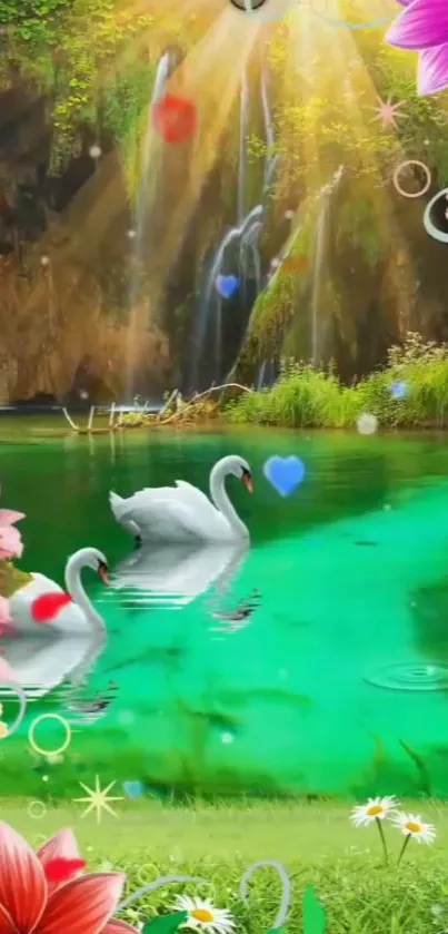 Two swans swim in a lush, flower-decorated fantasy lake.