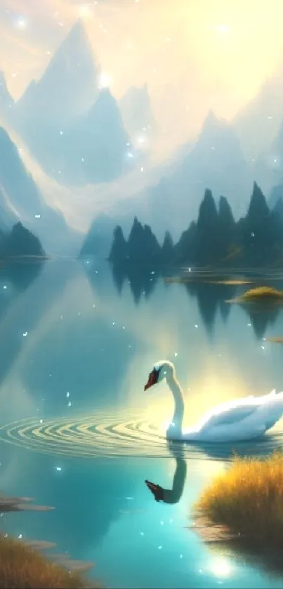 A serene swan glides on a tranquil lake amidst misty mountains.