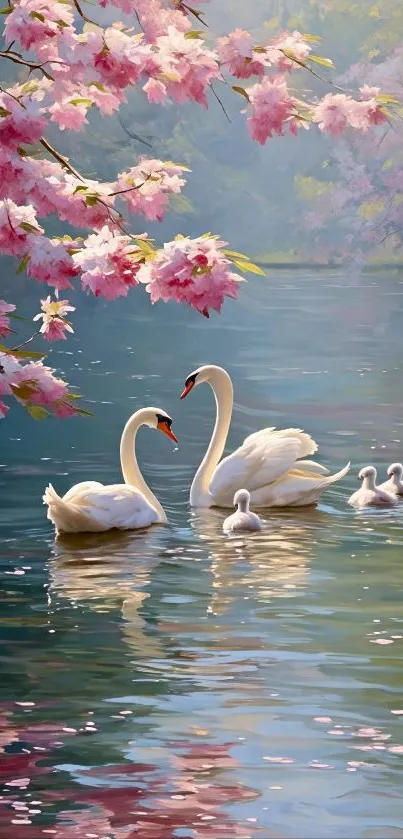 Swans on a serene lake with cherry blossoms.