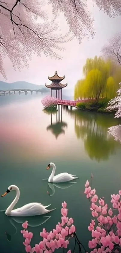 Two swans on a lake surrounded by cherry blossoms and serene landscape.