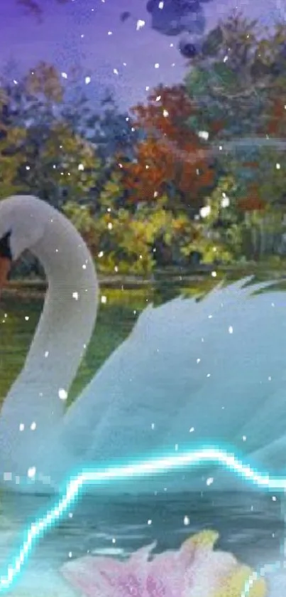 Elegant swan gliding on serene lake with autumn-colored trees.