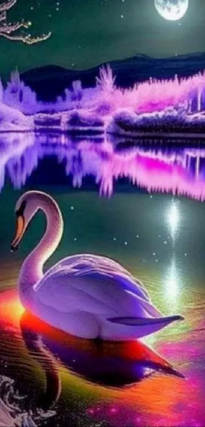 Serene swan on a colorful, moonlit lake.