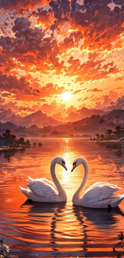Two swans under a vibrant sunset in a serene lake setting.