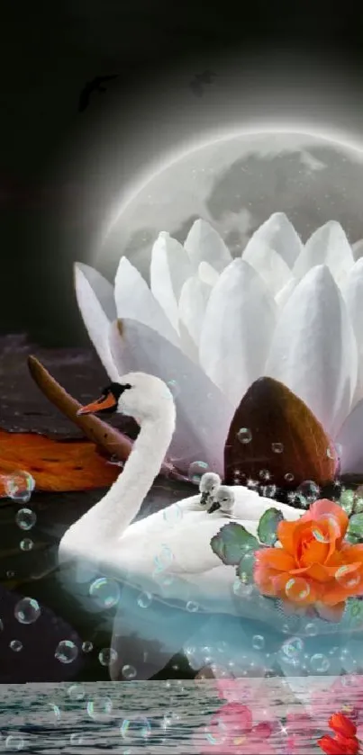 Swan under moonlight with flowers and bubbles in a serene setting.