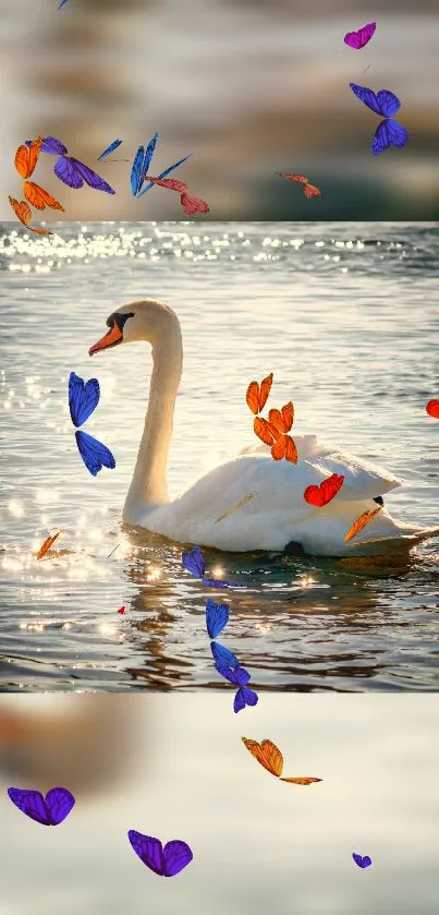 Swan glides on water, surrounded by colorful butterflies.