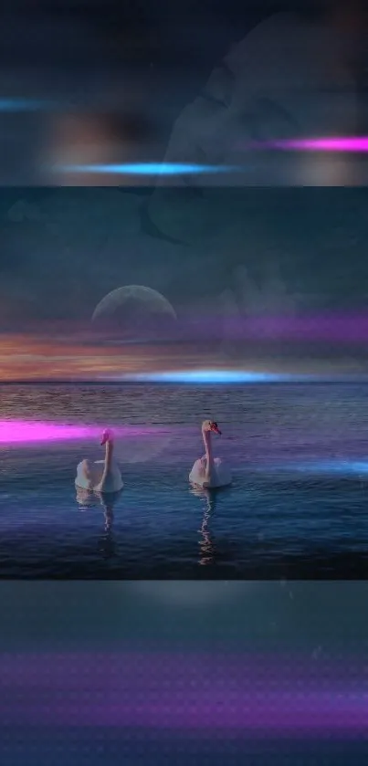 Swans on a tranquil lake at dusk with soft colorful lights.