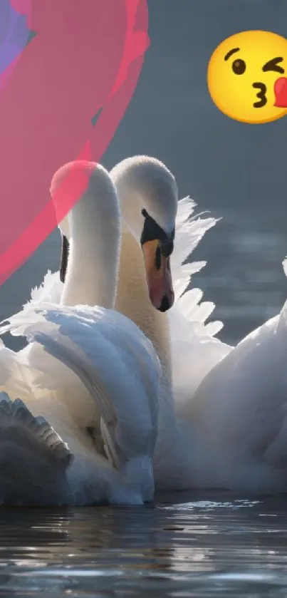 Two swans in a lake with an emoji overlay.