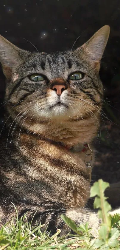 Tabby cat basking in sunlight surrounded by lush greenery.