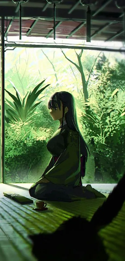 Anime character in a tranquil tea garden with lush greenery.