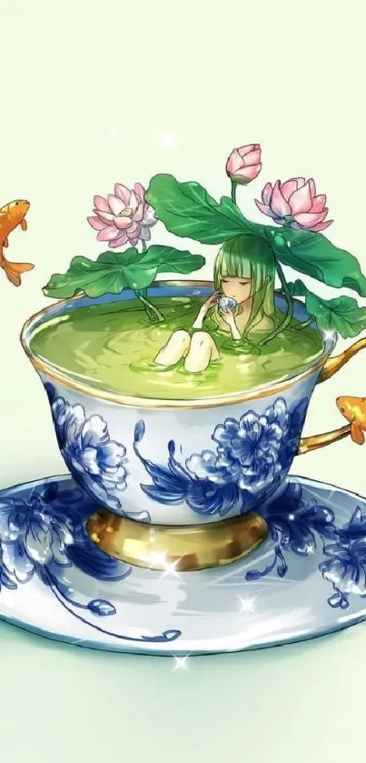 Illustrated girl relaxing in a teacup surrounded by nature and fish.