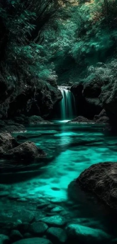 Serene deep forest with teal waterfall cascading.