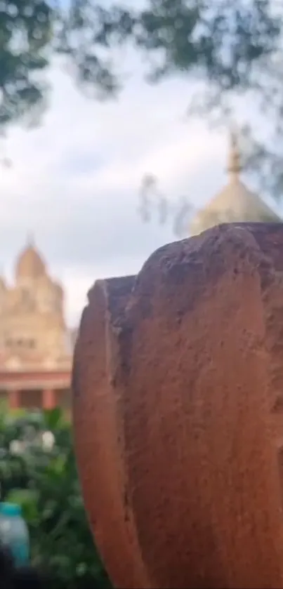 Blurry view of temple architecture with nature.