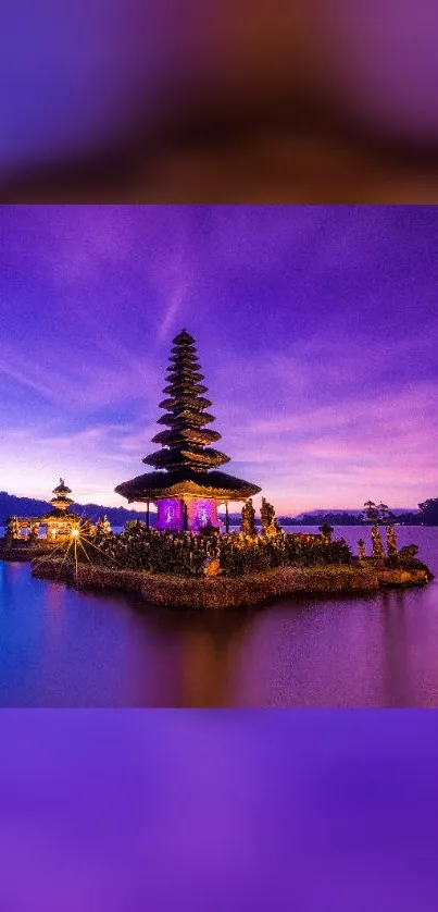 Iconic temple silhouetted in purple sunset over tranquil lake.