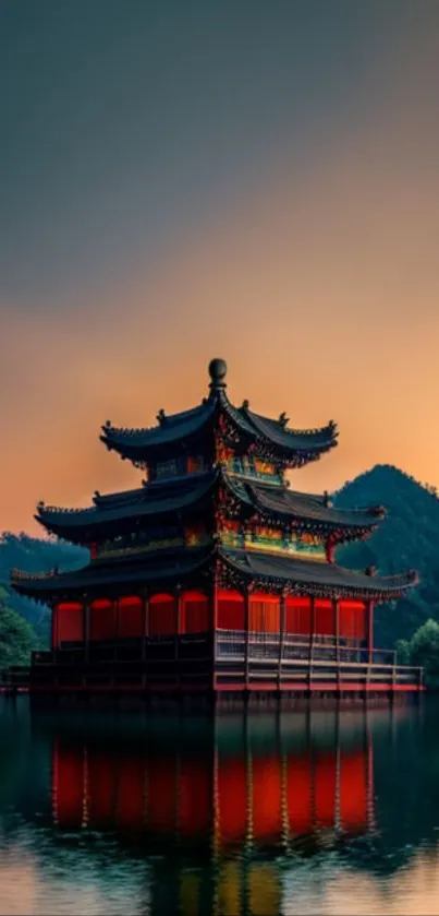 A stunning temple reflecting on a serene lake at sunset with vibrant colors.