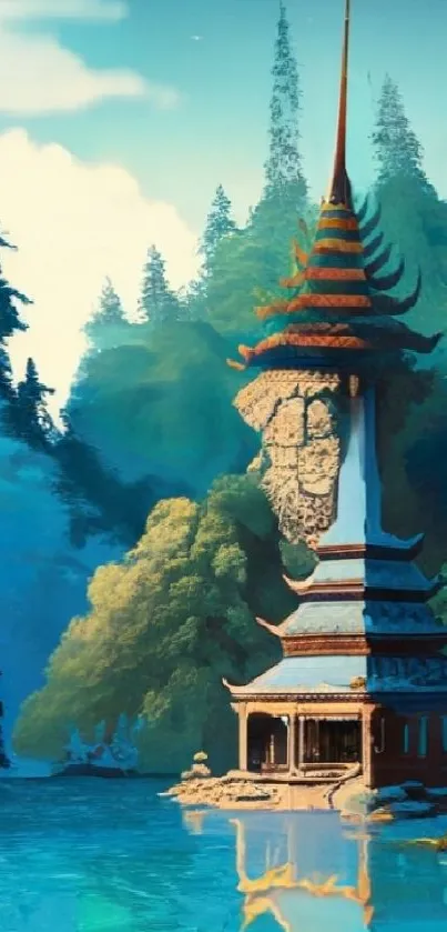 Serene temple by a forested lake with blue sky, ideal for mobile wallpaper.