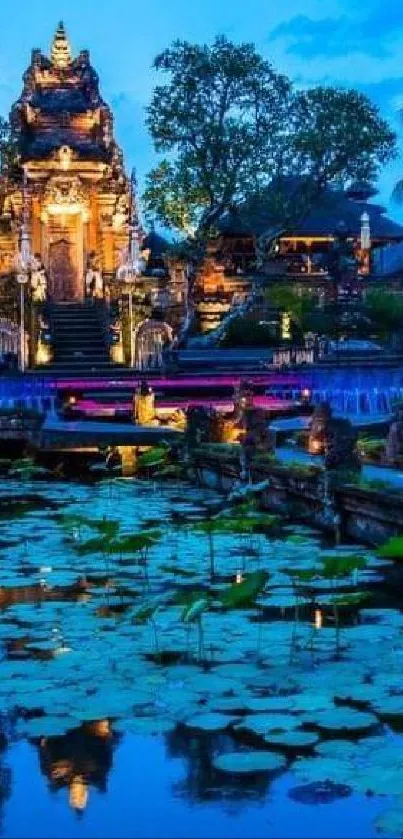 Tranquil evening temple with water lilies reflecting in a peaceful blue pond.