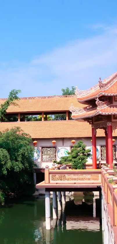 Serene Asian temple garden with terracotta architecture and lush greenery.