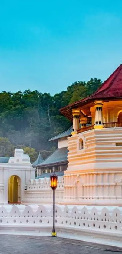 Serene temple landscape with blue sky and scenic architecture.