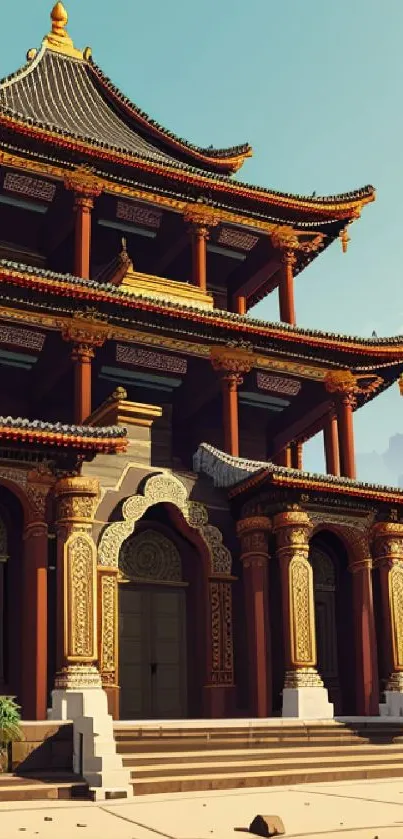 Intricate temple basked in warm sunset light with mountain backdrop.