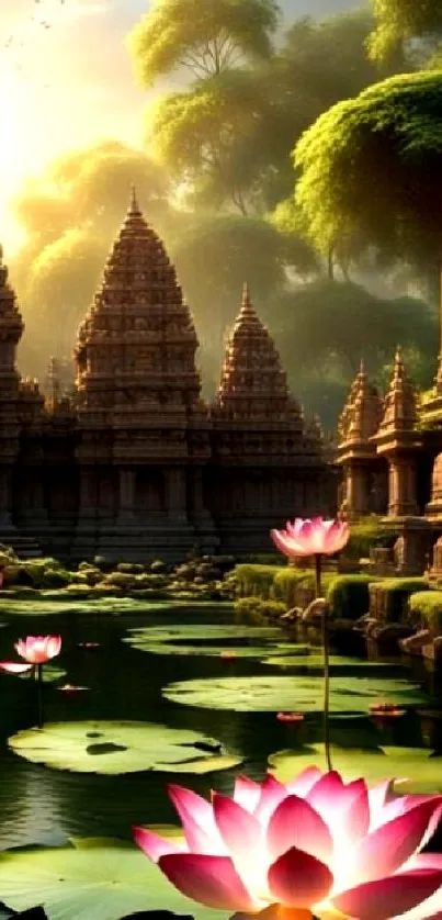 Temple with lotus pond under a golden sky wallpaper.