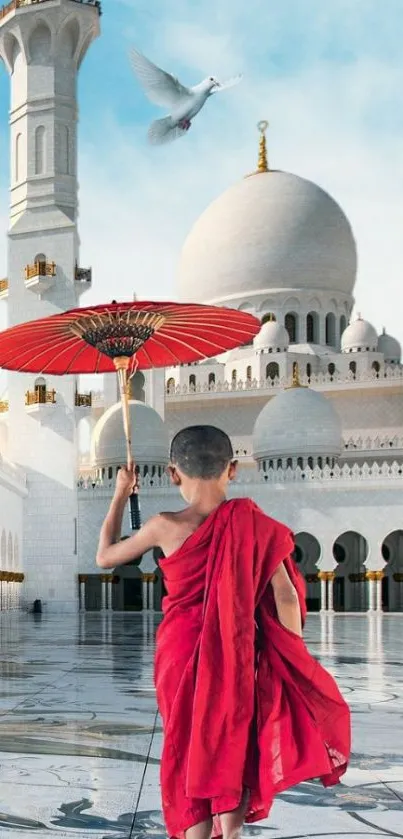 Monk in vibrant red in a serene temple scene.