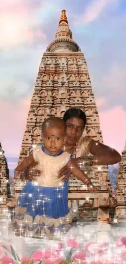 Mother and child at serene temple with pastel sky backdrop.