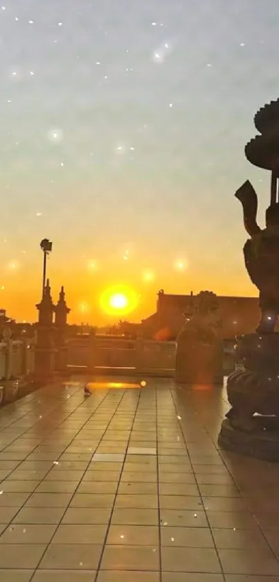 Temple silhouetted against an orange sunset. Sky and architecture blend beautifully.