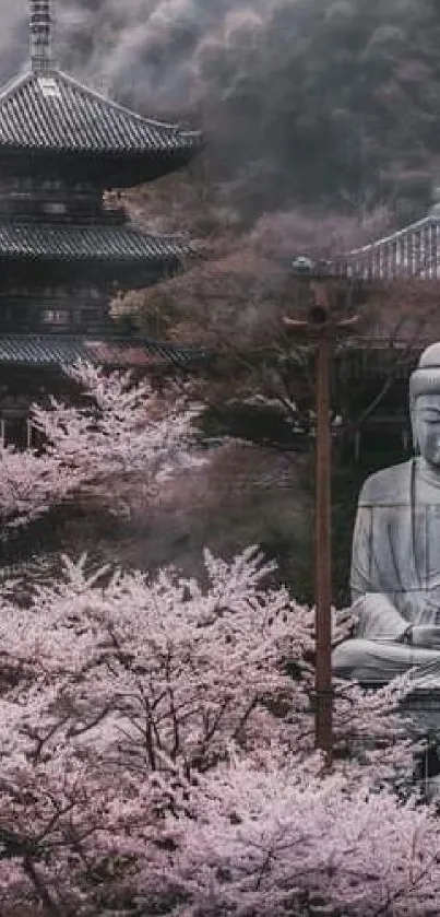 Serene temple with blossoms and Buddha statue wallpaper.