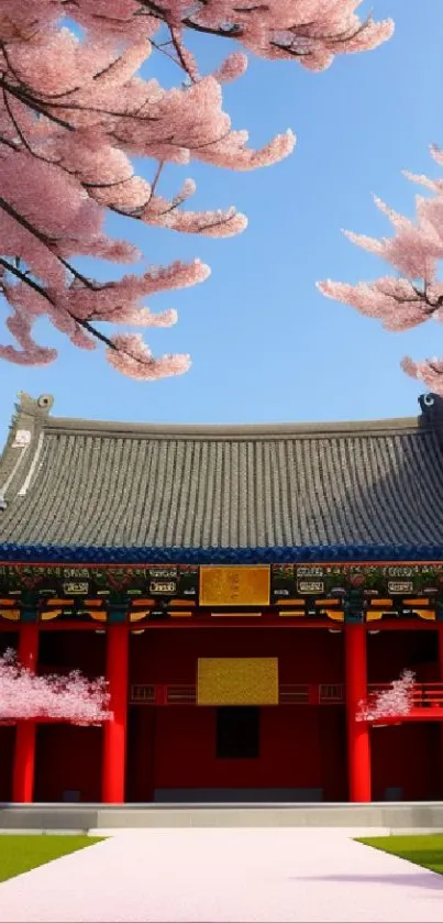 Asian temple with pink cherry blossoms in serene setting.