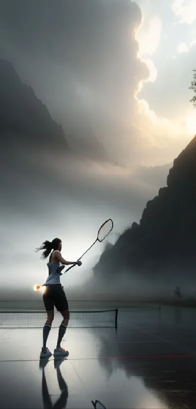 Woman playing tennis on misty mountain court at dusk.