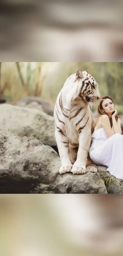 Elegant mobile wallpaper with a white tiger and a woman.