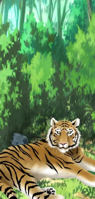 Tiger resting in a lush green forest wallpaper.