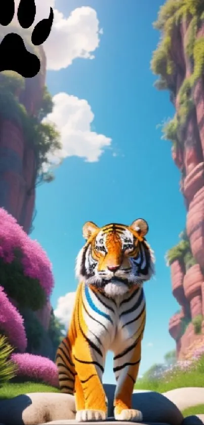 A majestic tiger in a lush canyon landscape with vibrant colors.