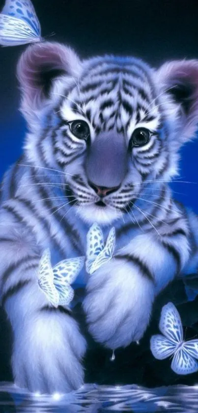 White tiger cub with blue butterflies in serene setting.