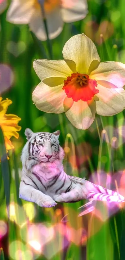 White tiger and yellow daffodils in vibrant green field wallpaper.