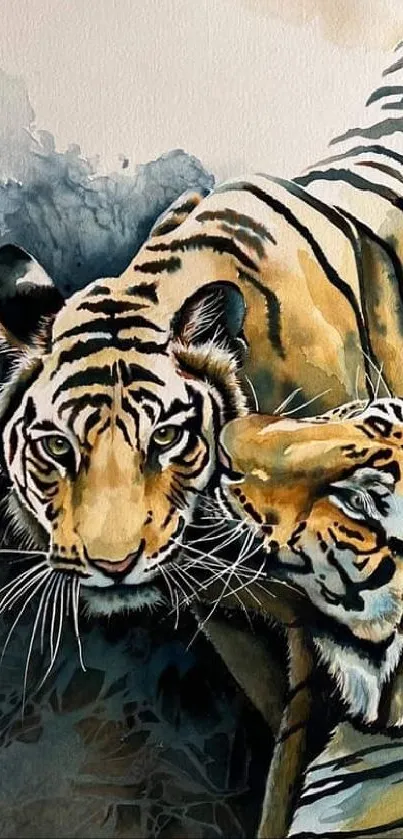 Artistic tigers painting with watercolor effect on mobile wallpaper.