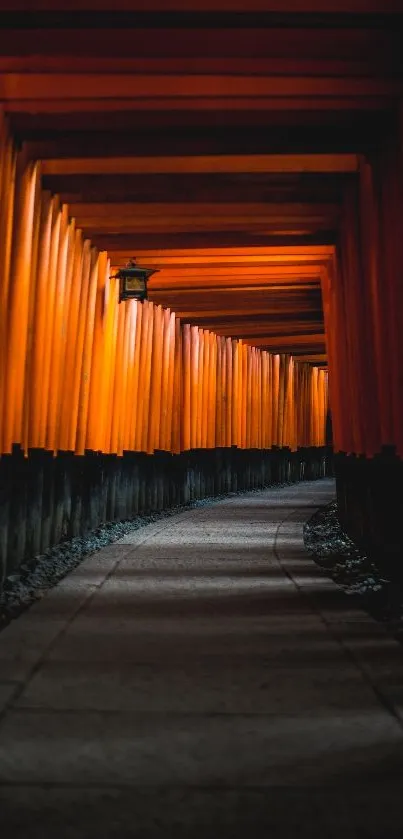 Orange torii gates forming a serene pathway.