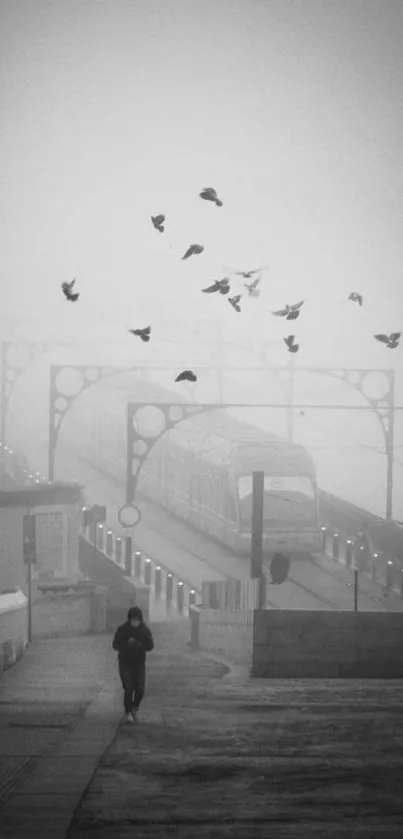 Misty urban train with birds in flight on a foggy day.