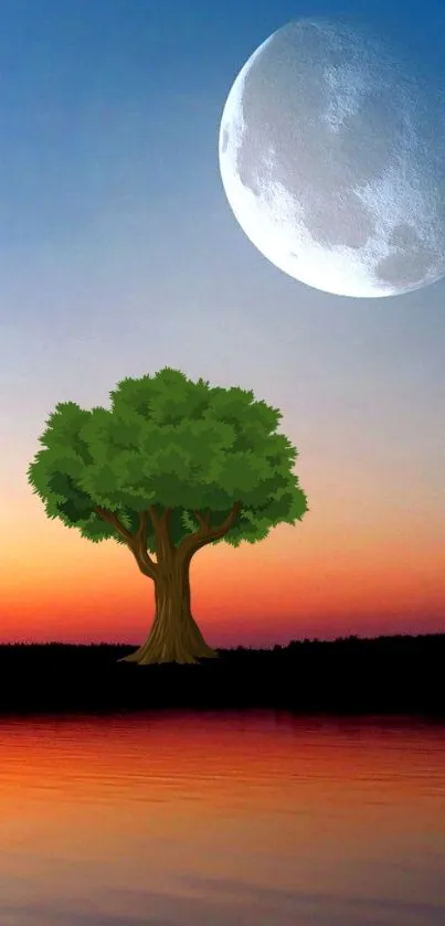 Serene landscape with a tree under a glowing moon and sunset sky.