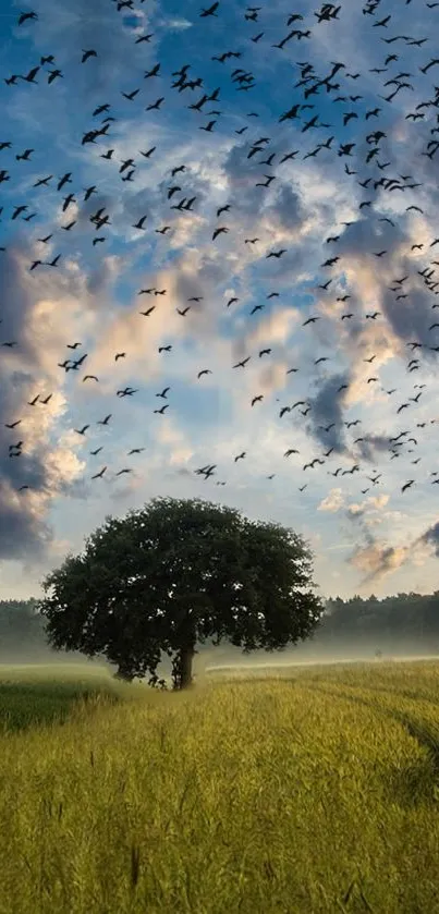 Wallpaper of a lone tree in a field with a sky filled with birds.